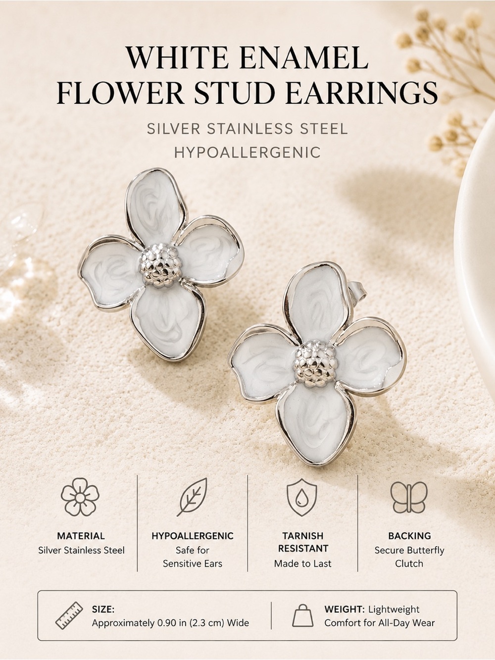 White Enamel Flower Stud Earrings on Hypoallergenic Stainless Steel Brand New - Picture 1 of 2